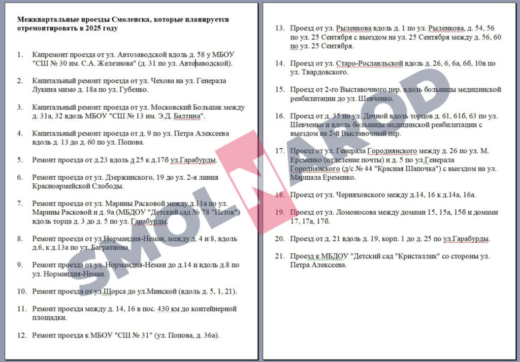 Мэрия Смоленска рассказала, какие межквартальные проезды будут отремонтированы